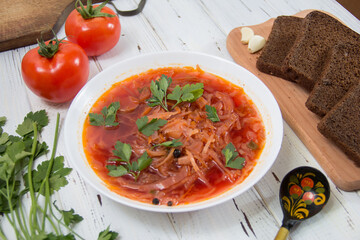 photo for menu, Ukrainian and Russian traditional beetroot soup - borscht with sour cream garlic pepper and sauce, Ukrainian borscht with sour cream, food background, Food and health