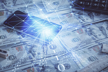 Double exposure of data theme drawing over us dollars bill background. Technology concept.