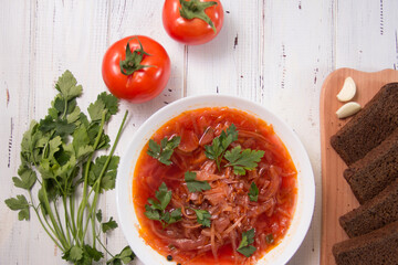 photo for menu, Ukrainian and Russian traditional beetroot soup - borscht with sour cream garlic pepper and sauce, Ukrainian borscht with sour cream, food background, Food and health