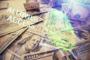 Double exposure of finger print scan drawing over usa dollars bill background. Concept of security of safe access.