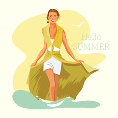 Hello summer. Happy girl in a beach sundress and shorts walks along the seashore in the summer heat. Vector retro illustration.
