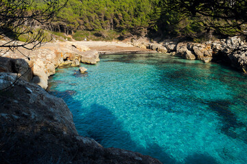 fustam beach, abandoned paradise beach in Menorca, a Spanish Mediterranean island, after the covid 19 coronavirus crisis