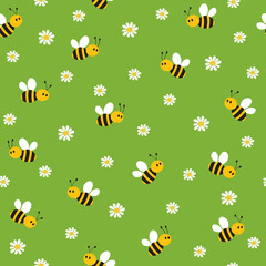 Seamless pattern with cute bee and flowers.