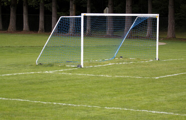 Soccer goal net on green field