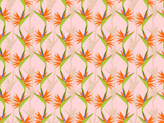 Bird of Paradise flower seamless pattern. Jungle theme. Tropical plant on pink background. Flat design. Botanical illustration.