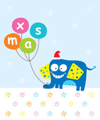 cute elephant with balloon merry christmas greeting card vector