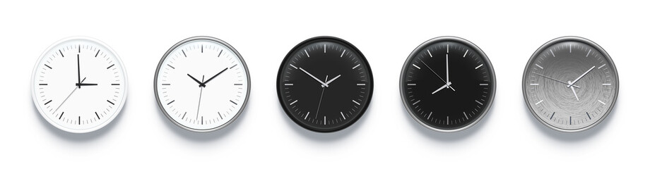 Round wall clock. Office watches with seconds, minutes and hours time arrows on modern clock face. Graphite black, ceramic white and stainless steel clocks realistic isolated 3D vector objects
