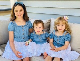 Close up portrait, Three beautiful sisters, sitting on the porch, same outfit, best friends forever