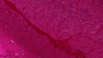 A stream of pink liquid paint with particles of silver sparkles. It recalls the movement of living cells inside an organism or flowing rivers from a bird's eye view.