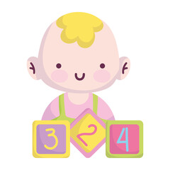 baby shower, little boy with blocks cartoon, announce newborn welcome card