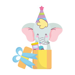 baby shower, cute elephant with gift and train toy, announce newborn welcome card