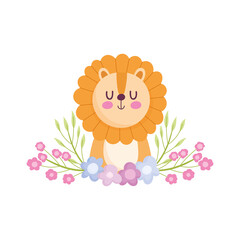 baby shower, cute lion with flowers cartoon, announce newborn welcome card