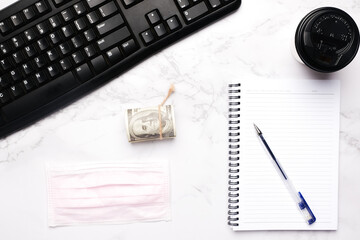Flatlay picture of workspace area during work from home covid-19 outbreak concept. 