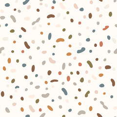  Seamless background gender neutral baby dotted pattern. Simple whimsical minimal earthy 2 tone color. Kids nursery wallpaper or boho spotted fashion all over print. © Limolida Studio