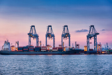 Obraz premium Transportation Industry and Shipping Logistics Loading Dock Port Terminal., Container Import and Export of Sea Freight Transport Industrial., Landscape of Port Maritime and Harbor Cargo Shipyard