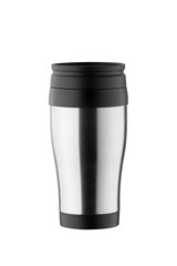 stainless steel coffee cup front view. thermal travel mug to drink hot beverage tea. isolated on a white background. blank for design. studio shot.