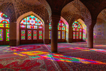 Fototapeta na wymiar Windows of the Pink Mosque properly called Nasirolmolk Mosque in Shiraz, Iran