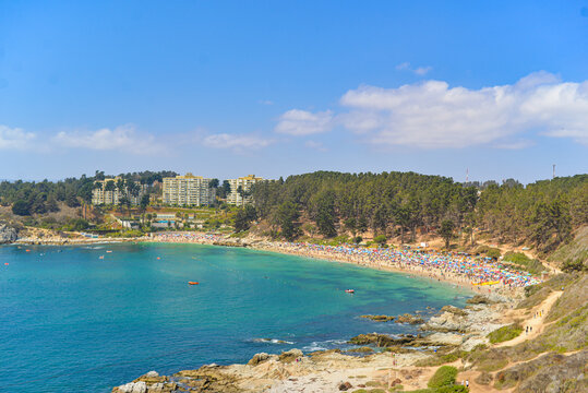 Panoramic view of "El Canelillo" beach in Algarrobo Chile during summer