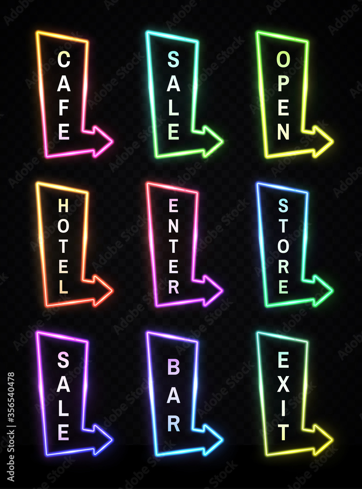 Poster neon light realistic arrows signs set on transparent background. gradient pointer signboard cafe, sa