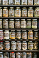 Jars on a store shelf labled with various spices.