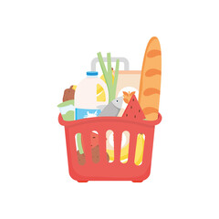supermarket basket with food and bottles, detailed style