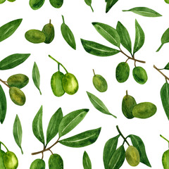 Olives seamless pattern with olive branches and fruits for Italian cuisine design or extra virgin oil food or cosmetic product packaging wrapper. Hand drawn Illustration in watercolor.