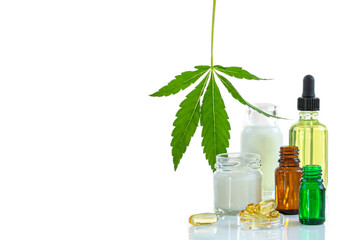 Cosmetic hemp concept Cannabis hemp bodycare procucts with marijuana leaf on whtebackground
