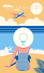 Woman in a swimsuit on the beach. Summer. Airplane in the sky. vector illustration