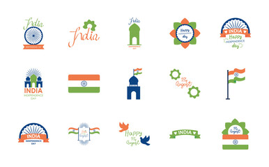Fototapeta premium decorative flowers and India independence day icon set, flat style
