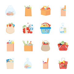 bags and boxes with grocery products icon set, detailed style