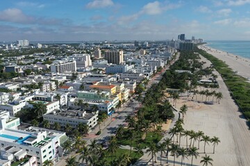 Aerial view of South Beach and Lummus Park in Miami Beach, Florida duing coronavirus beach, hotel, park and restaurant closures on sunny morning.