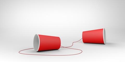 Red paper cups and non-stretchable string. Speech-transmitting device. 3d illustration.