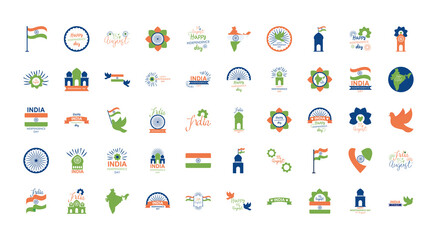 india independence day icon set, flat style