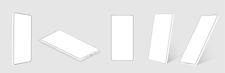 Minimal collection mockups smartphones at different angles for presentation. (Isometric, perspective, frontal view). White 3d realistic mobile phones with blank screen. Isolated cellphone set. Vector