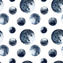 Obraz premium Hand drawn watercolor planets bubbles seamless pattern. Beautiful illustrations isolated on white background. Could be used for wallpapers, fabrics, textile and backgrounds.