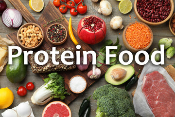 Flat lay composition with food rich in protein on wooden table