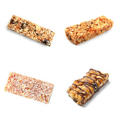 Set with different grain cereal bars on white background