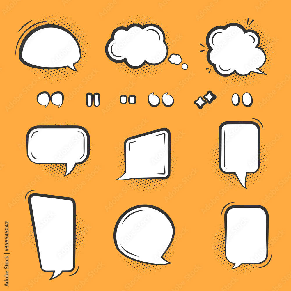 Poster comic speech bubble set. cartoon empty text clouds with halftone dot shadow. different shapes blank 