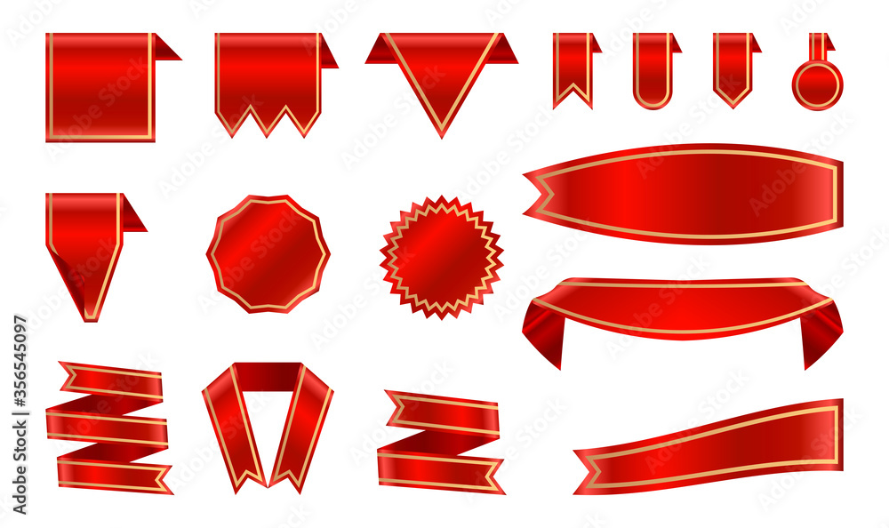 Poster satin red ribbon and labels with gold frame set. shiny foil backdrop banner. blank template shape. c