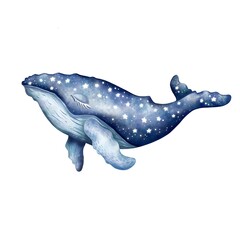 Digital watercolor style humpback or blue whale with stars. Cute cartoon underwater animal art. Dreaming ocean creature isolated on a white background. Watercolor graphic for fabric, postcard, posters