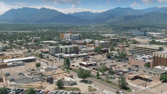 Aerial: downtown Colorado Springs and street traffic. Colorado, USA