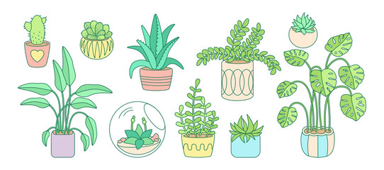 Plant and succulents, potted ceramic cartoon doodle line set. Color linear flat house indoor flower. House plants, cactus, monstera, aloe flowerpot. Interior decor collection. Vector illustration