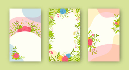 Cards with floral elements collection set. Trendy creative background. Floral frame design, botanical abstract composition. Space for text, vibrant banners, posters or flyer. Vector illustration