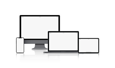 Mockup gadget device. smartphones, tablets, laptops and computer monitors black color with blank screen isolated on white background. Vector illustration eps10