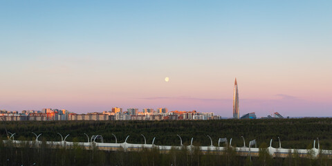 Obraz premium Morning city landscape on the outskirts of St. Petersburg. Beautiful dawn scene in the city
