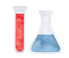 Watercolour set of two different chemistry glassware: test tube and glass chemistry flask. Hand drawn water color grungy graphic on white background, cut out clip art elements for design decoration.