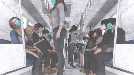 電車 車内コロナウイルス 人あり 満員電車 イラスト33 Wall Mural Hiro Studio