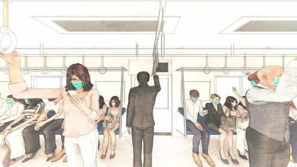 電車 車内コロナウイルス 人あり 満員電車 イラスト33 Wall Mural Hiro Studio