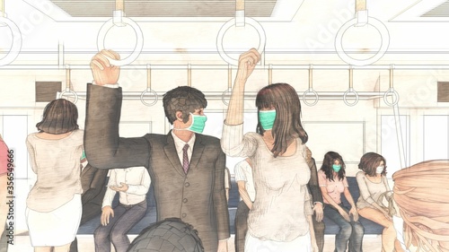電車 車内コロナウイルス 人あり 満員電車 イラスト31 Wall Mural Hiro Studio