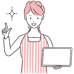 手描き1color 女性　タブレットを持ってひらめくエプロンを着た女性